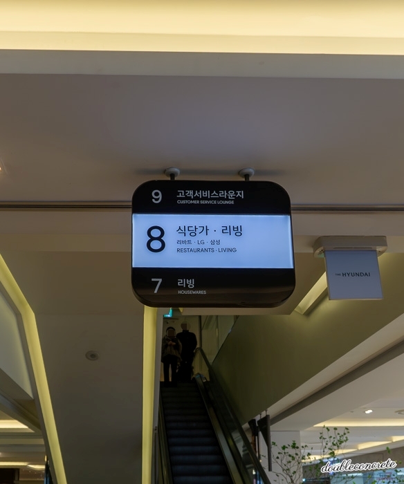 현대백화점 킨텍스점 내부의 층별 안내판. 8층은 '식당가·리빙'으로 표시되어 있으며, 위로 9층은 '고객 서비스 라운지', 아래 7층은 '리빙'이 위치해 있다. 에스컬레이터 방향으로 고객들이 이동하는 모습이 보인다.