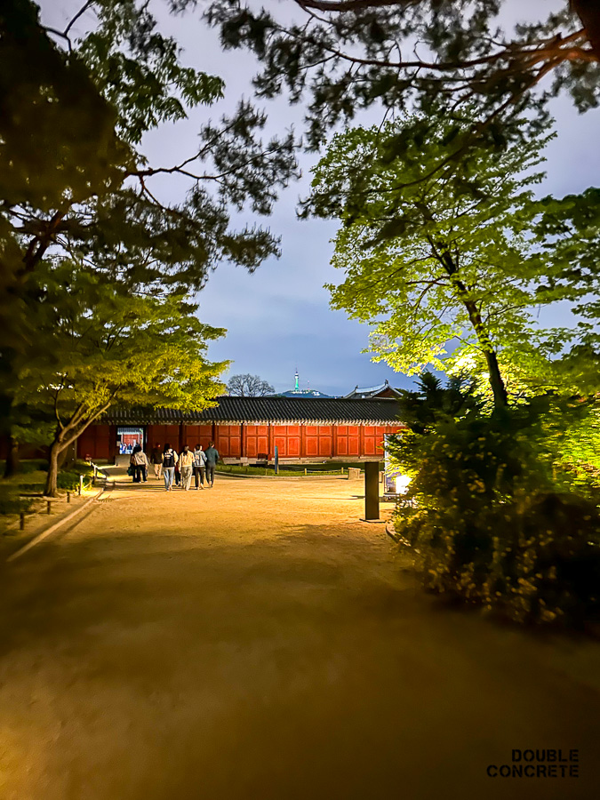 창경궁 내부에서 바라본 출구 쪽, 서울타워가 멀리 보이는 밤 풍경